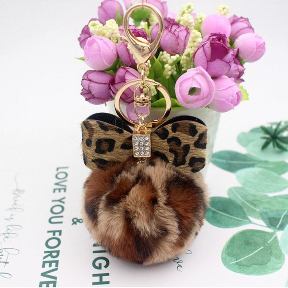 Leopard Print Pom Pom & Bow Keychain/Bag Charm - Picture 2 of 4